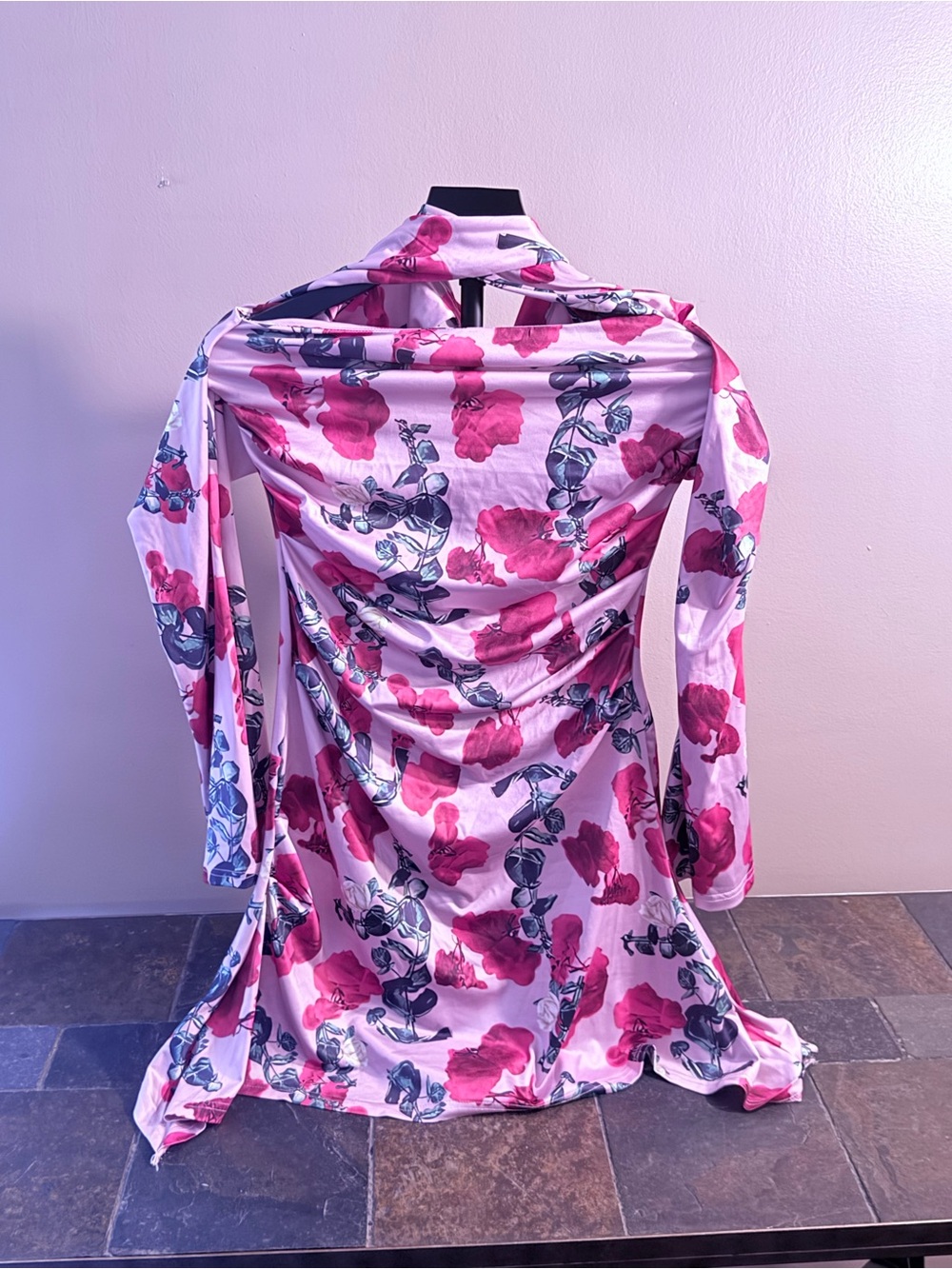 Amazon Essentials Pink Floral Long Sleeve Dress with Dark Leaf Accents